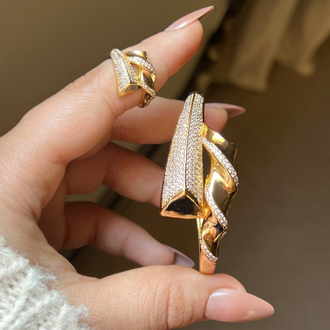 Bracelet & Ring Set – Gold Plated with Zircon Stones (Free Size) S1