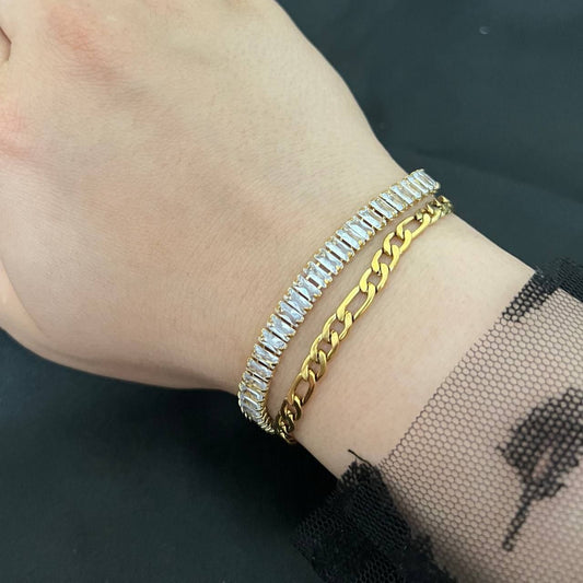 Double-Row 316L Pure Stainless Steel Bracelet with Baguette Zircon Stones – 1 Grommet S1