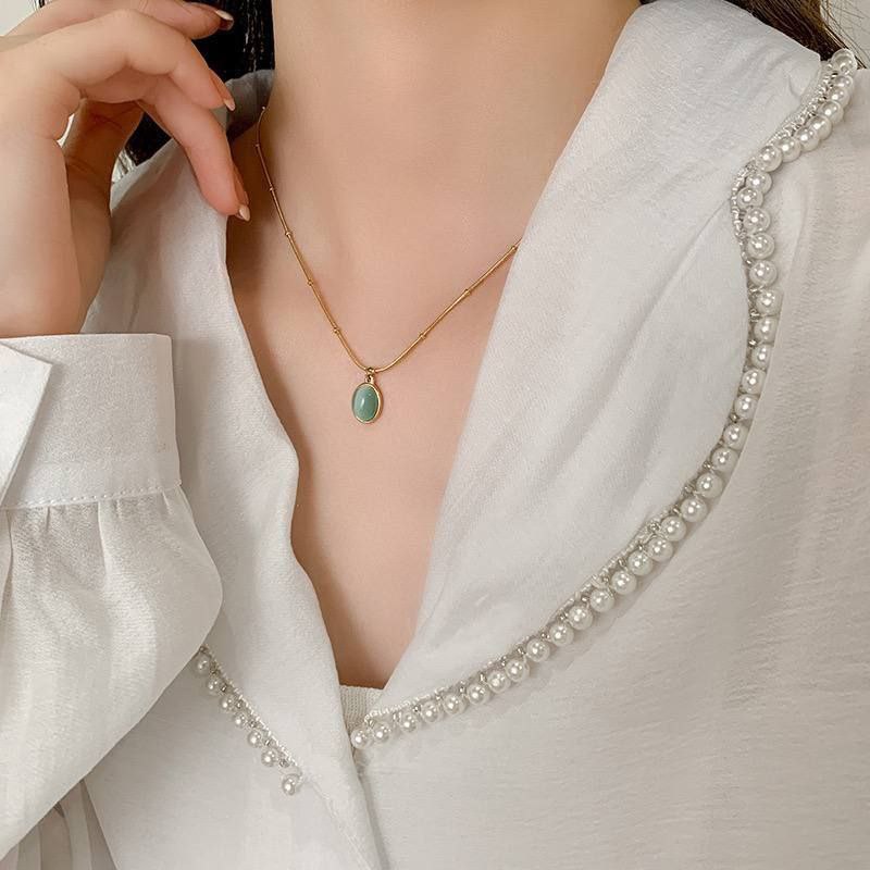 316L Pure Stainless Steel Necklace with Cut-Eye Stone – Pear-Shaped Pendant S1