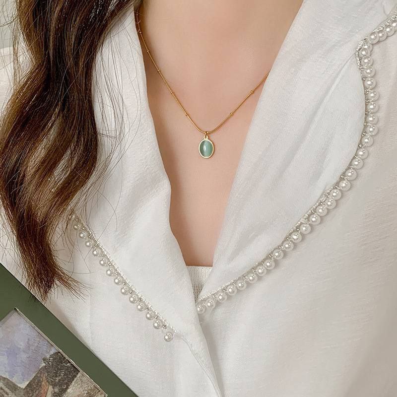 316L Pure Stainless Steel Necklace with Cut-Eye Stone – Pear-Shaped Pendant S1