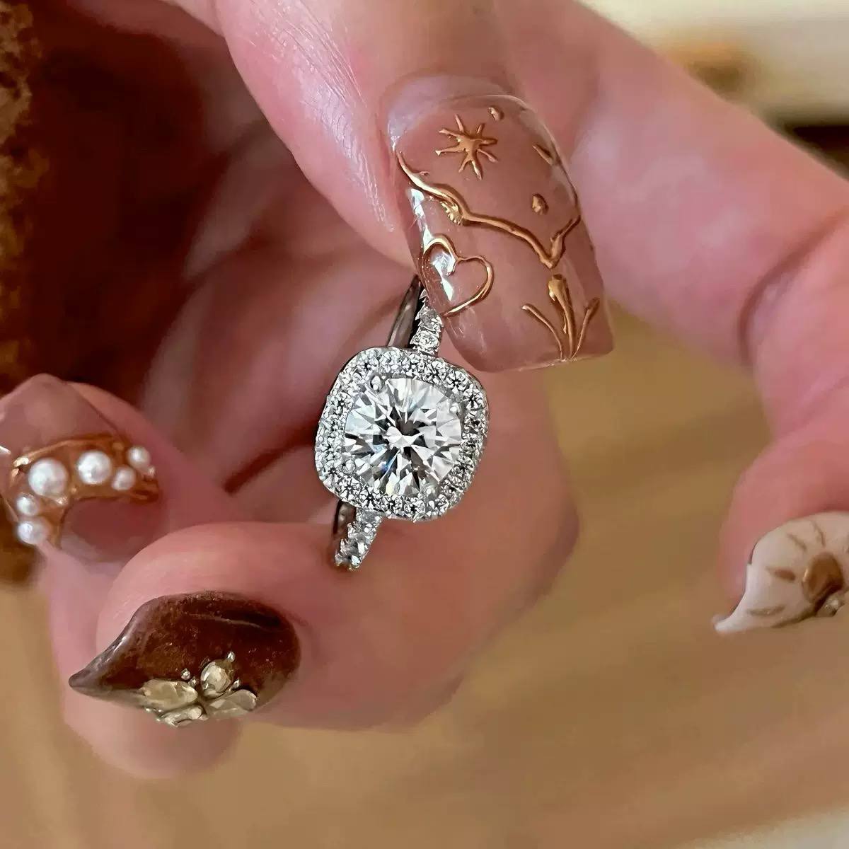 Pandora Square Gold Chinese Ring with Zircon Stones – Free Size S1