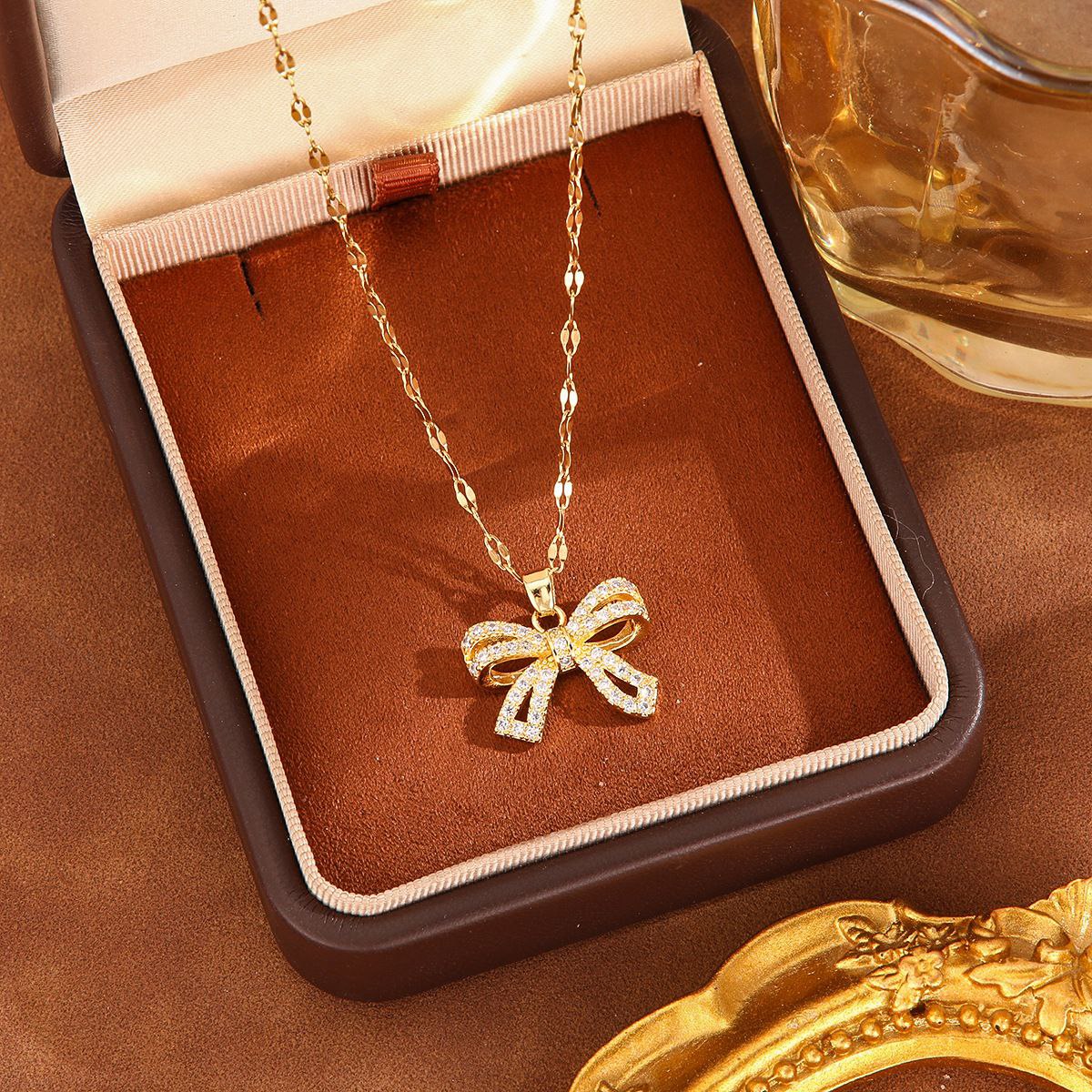 Bow Pendant Necklace with Stones – Pure Stainless Steel 316 S2