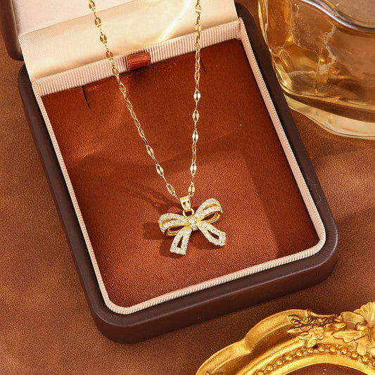 Bow Pendant Necklace with Stones – Pure Stainless Steel 316 S2