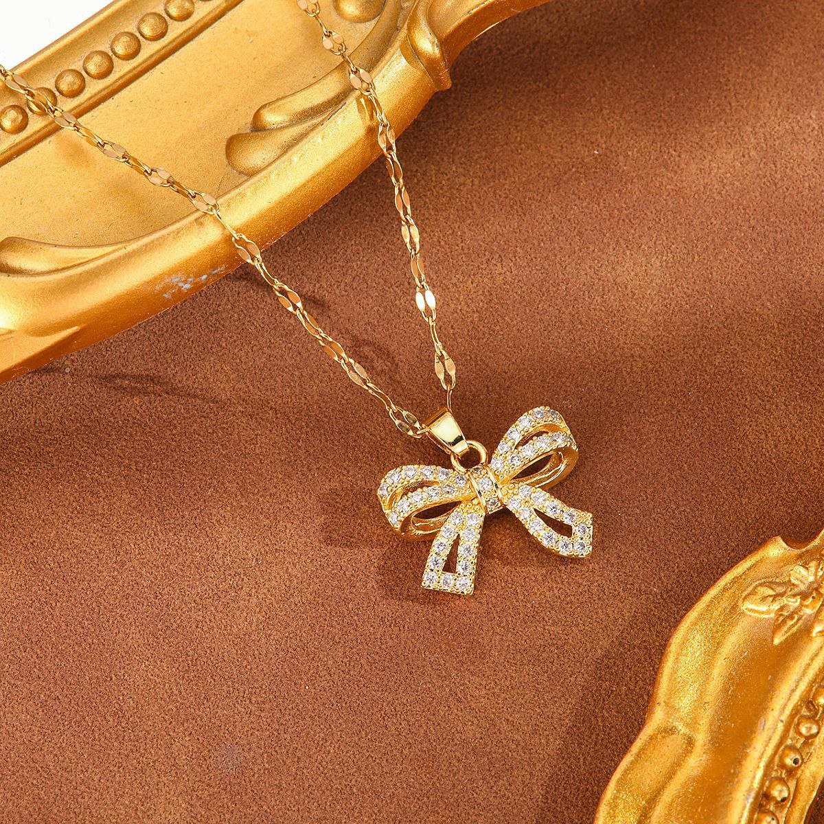 Bow Pendant Necklace with Stones – Pure Stainless Steel 316 S2