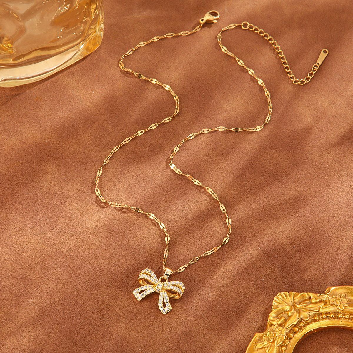 Bow Pendant Necklace with Stones – Pure Stainless Steel 316 S2