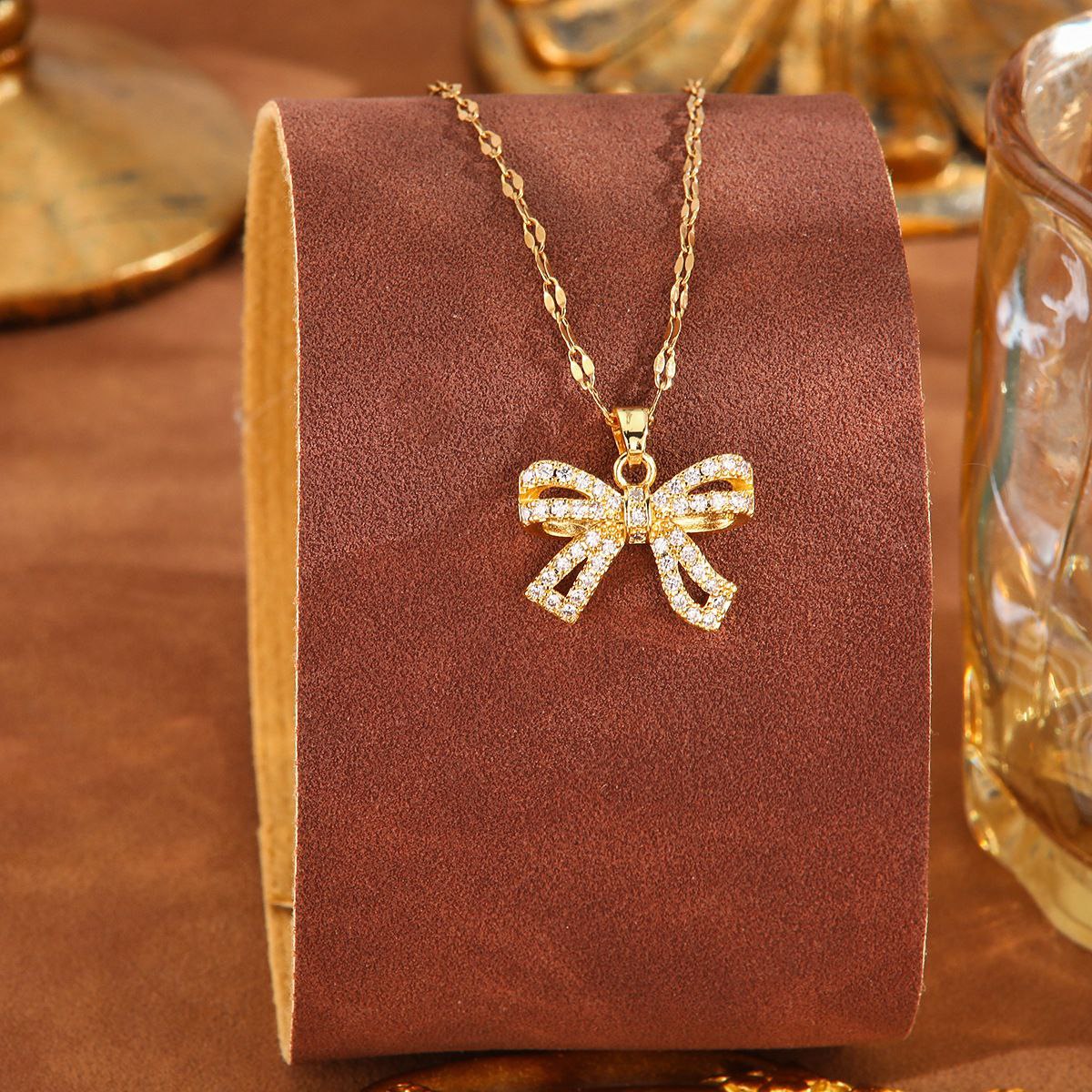 Bow Pendant Necklace with Stones – Pure Stainless Steel 316 S2