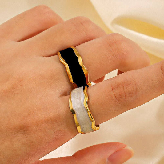 Black and White Enamel 316 Stainless Steel Ring S1