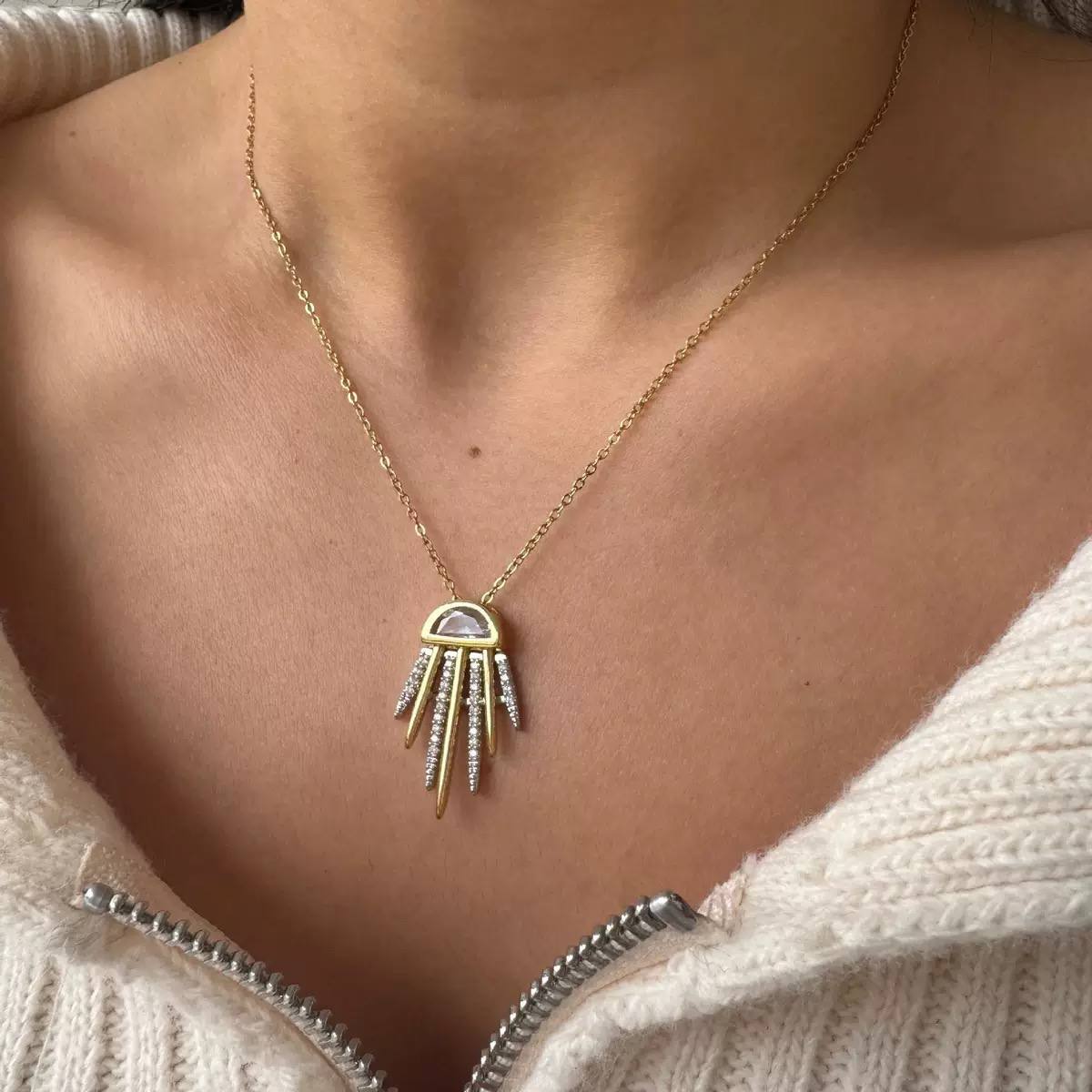 Stainless Steel Necklace with Chinese Gold-Plated Zircon Pendant S1