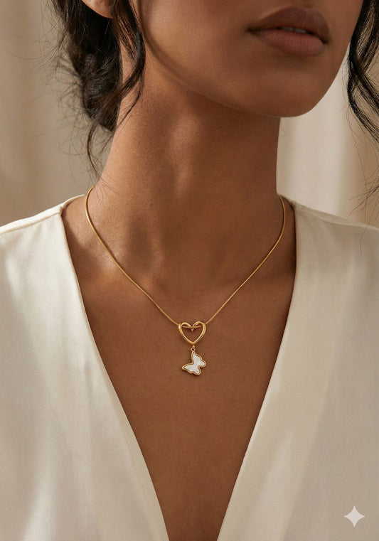 PureSteel 316 Hollow Heart and Butterfly Pendant Necklace S2