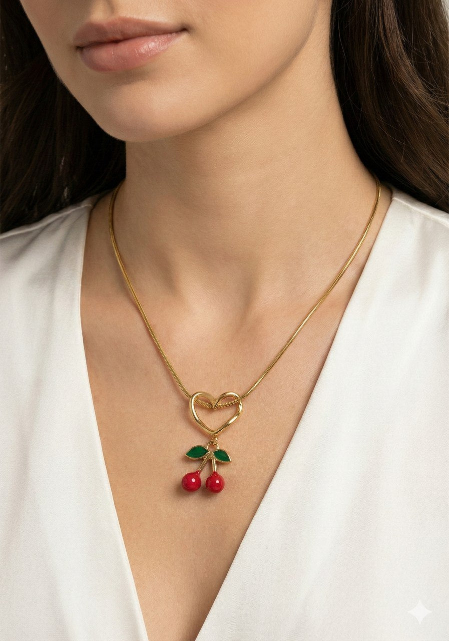 PureSteel 316 Hollow Heart with Cherry Pendant Necklace S2