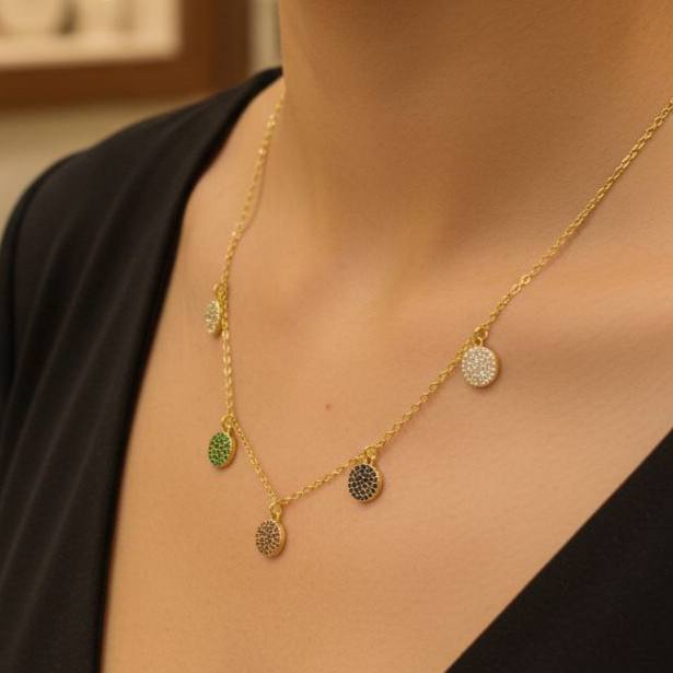 Gold-Plated Necklace with 5 Zircon Pendants      S1