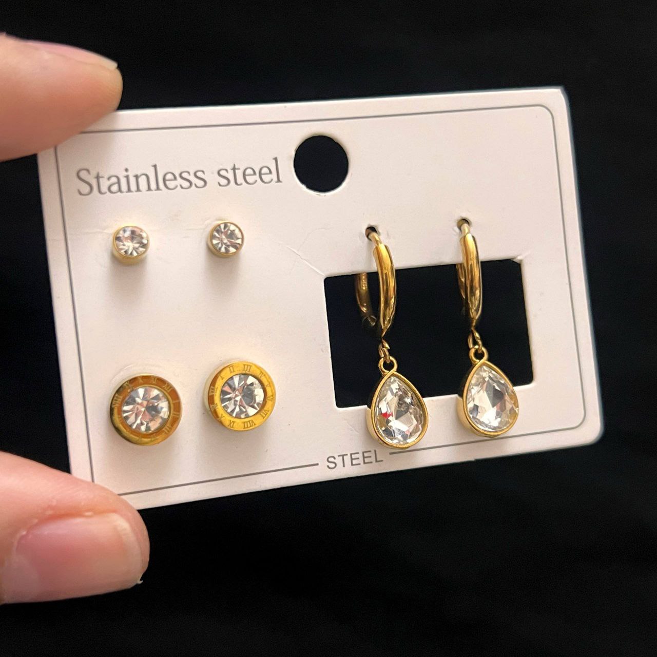 Stainless Steel 316 Earring Card – 3 Unique Pieces      S1