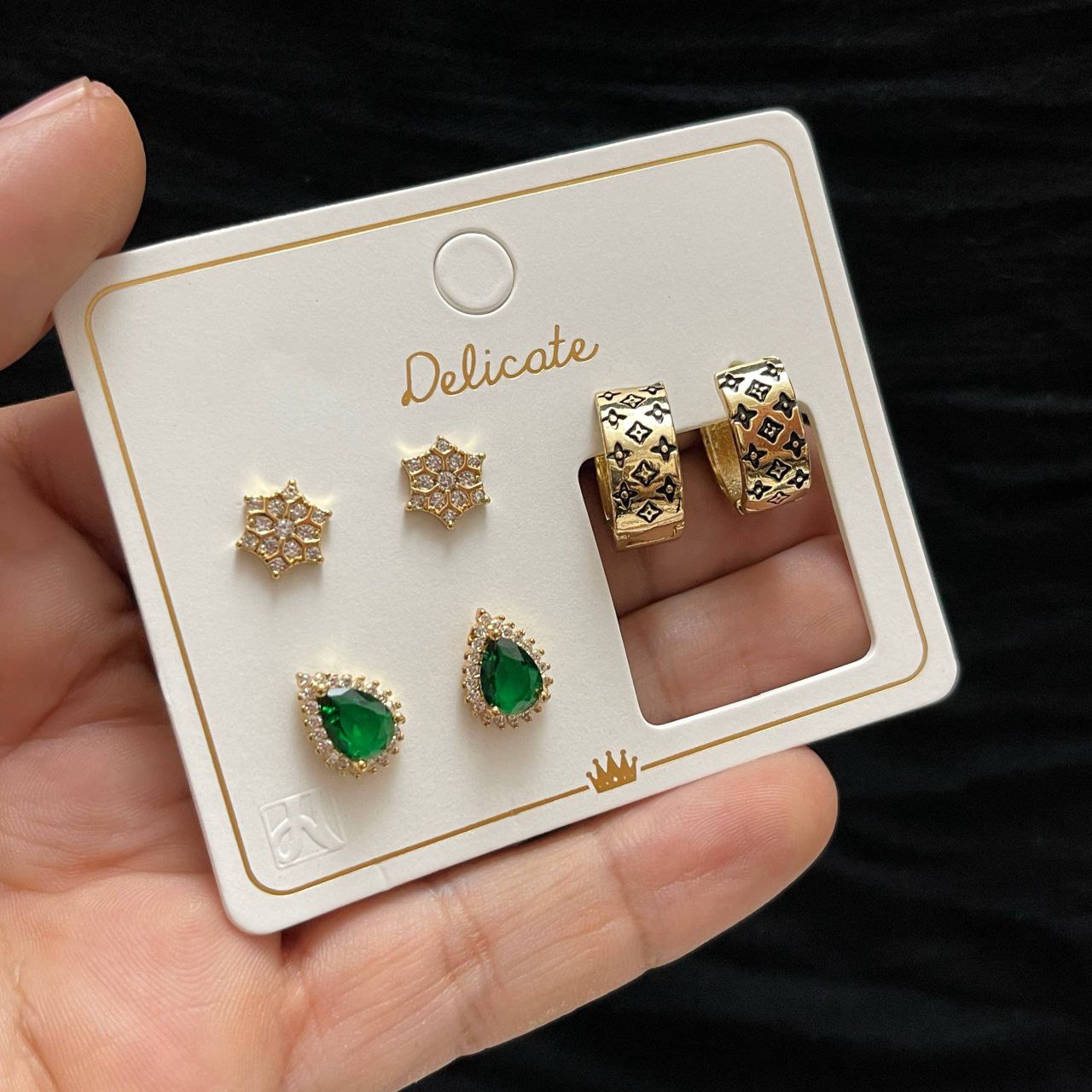 Delicate Original Earring Set – Gold Plated with Zircon Stones (3 Pieces)     S1
