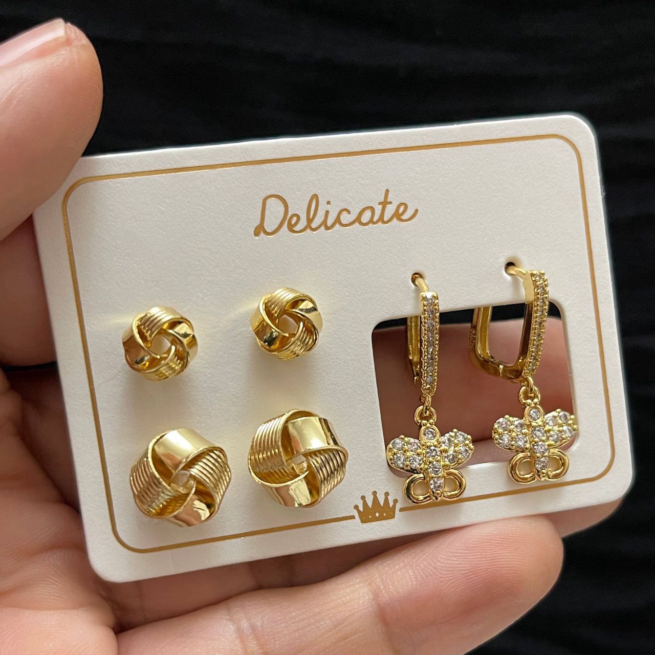 Delicate Original Earring Set – Gold Plated with Zircon Stones (3 Pieces)     S1