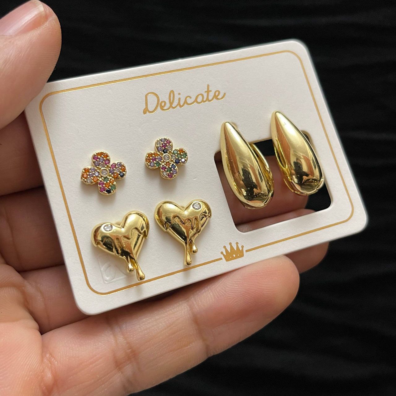 Delicate Original Earring Set – Gold Plated with Zircon Stones (3 Pieces)     S1