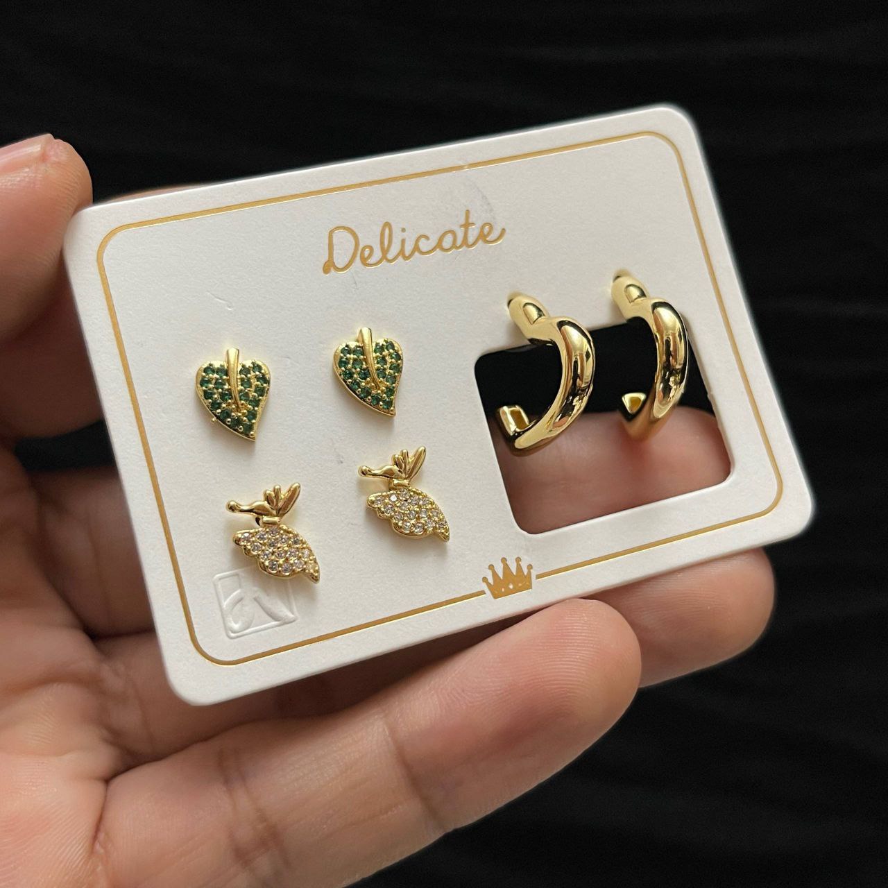 Delicate Original Earring Set – Gold Plated with Zircon Stones (3 Pieces)     S1