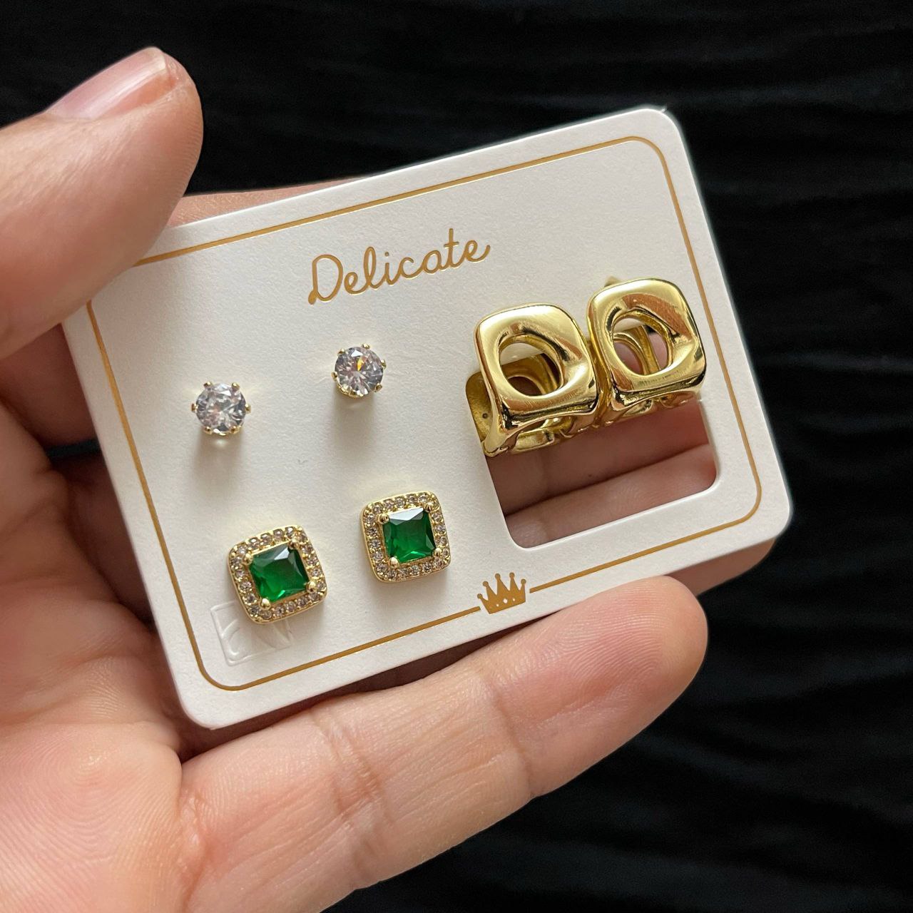 Delicate Original Earring Set – Gold Plated with Zircon Stones (3 Pieces)     S1