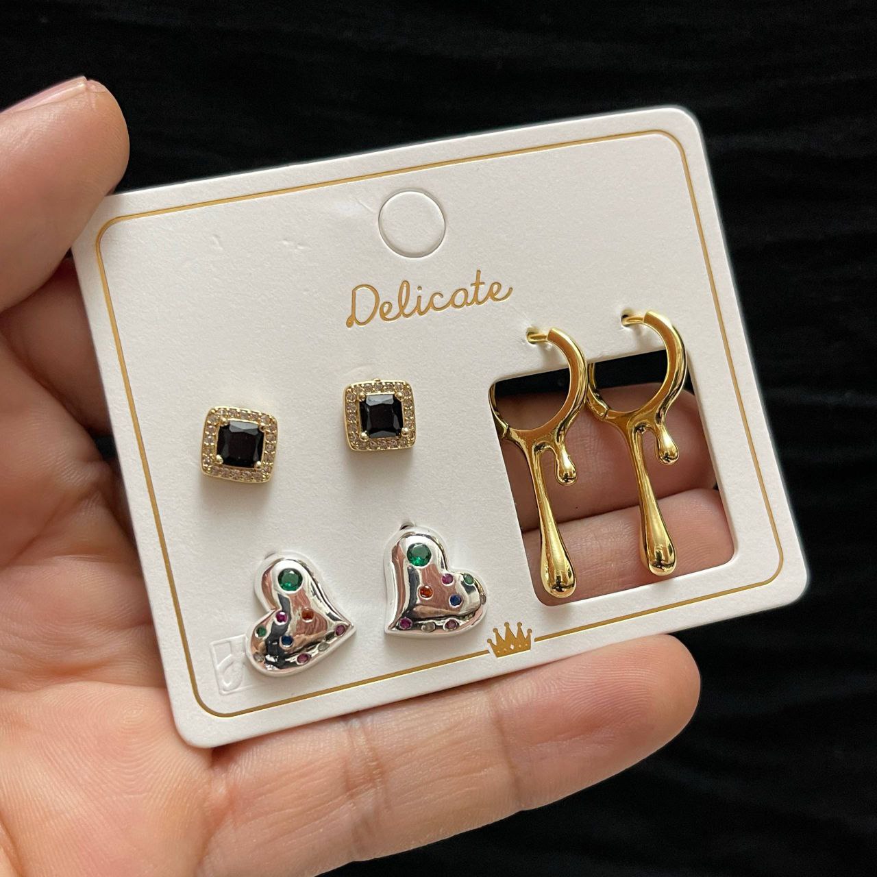 Delicate Original Earring Set – Gold Plated with Zircon Stones (3 Pieces)     S1