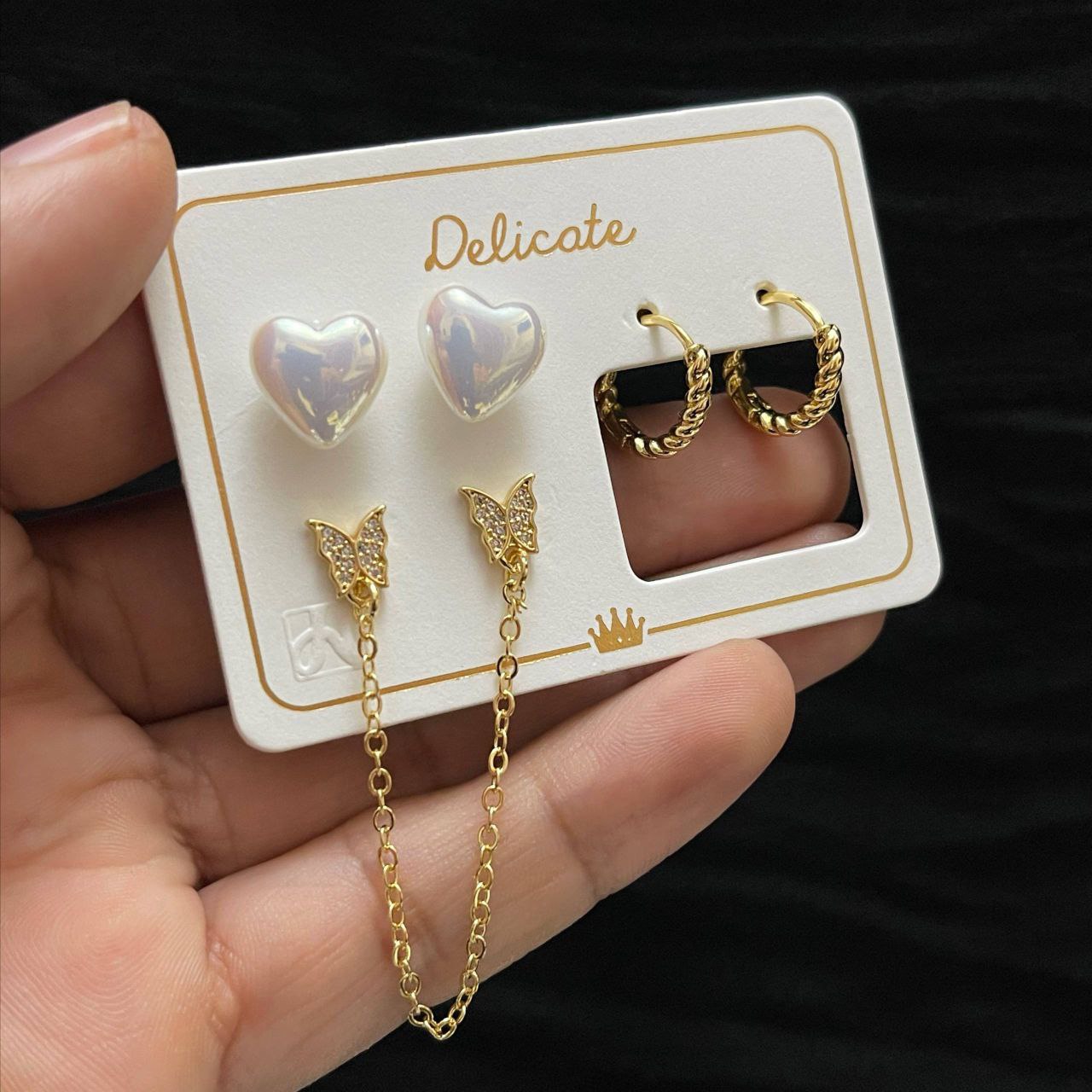Delicate Original Earring Set – Gold Plated with Zircon Stones (3 Pieces)     S1