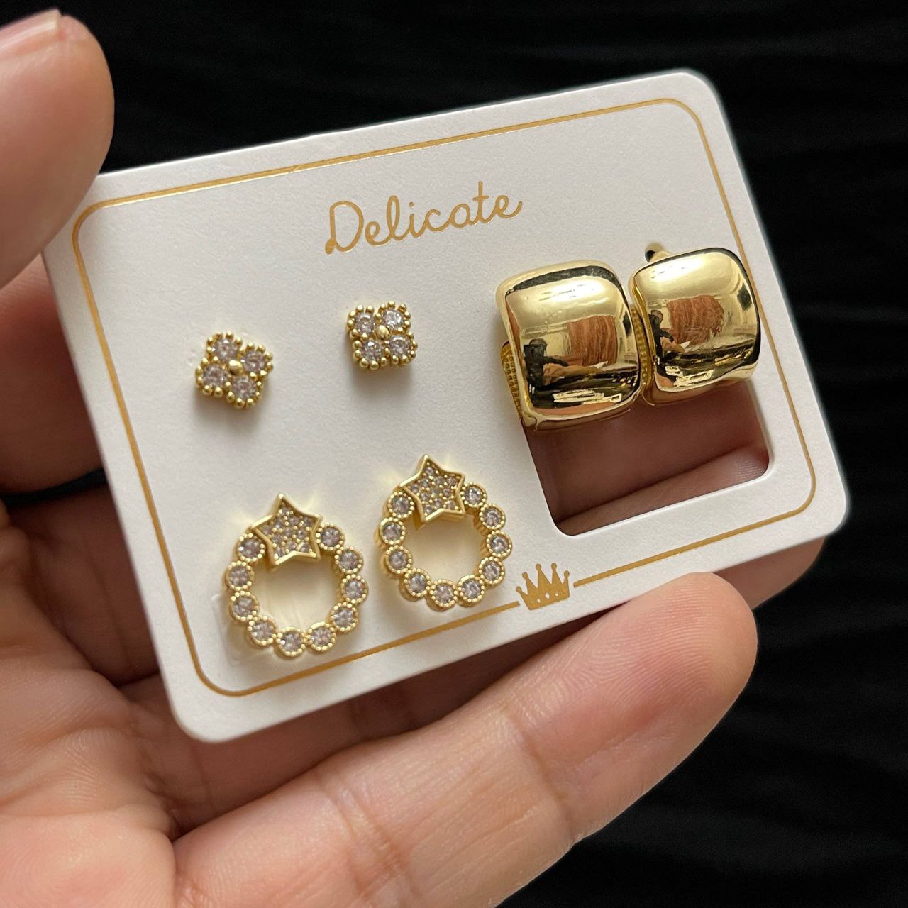 Delicate Original Earring Set – Gold Plated with Zircon Stones (3 Pieces)     S1