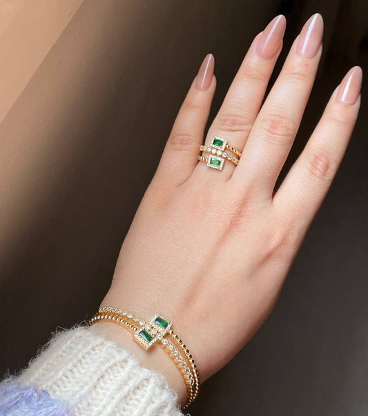 Bracelet & Ring Set – Gold-Plated with Zircon Stones, Free Size