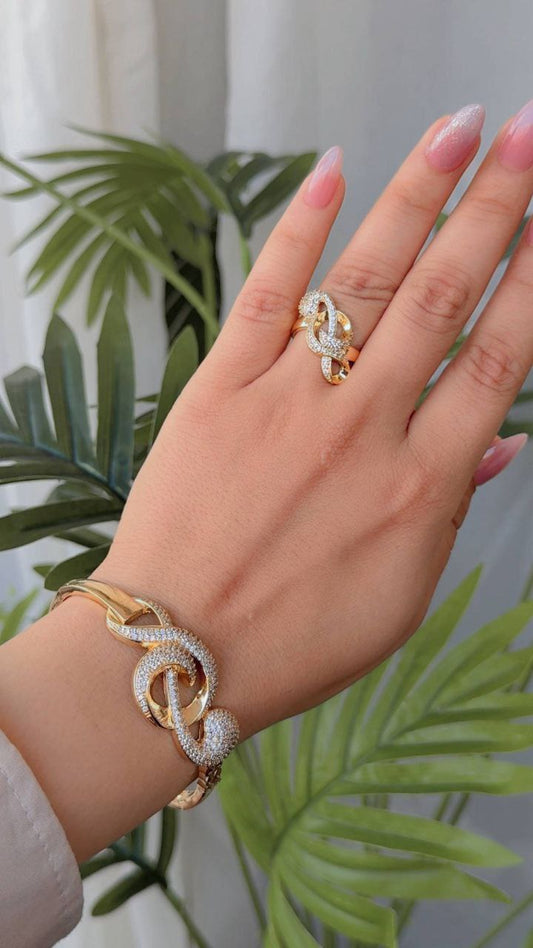 Bracelet & Ring Set – Gold-Plated with Zircon Stones, Free Size     S1