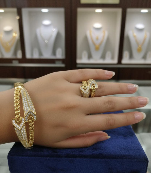 Bracelet & Ring Set – Gold-Plated with Zircon Stones, Free Size    S1