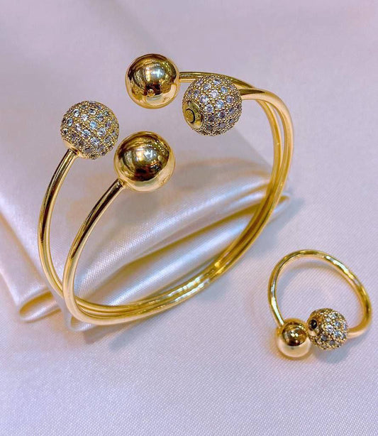 Double-Layer Zircon Ball Bracelet & Ring – Gold-Plated, Free Size   S1