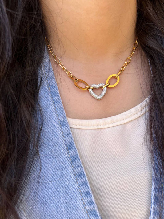 Stainless Steel Necklace with Gold Plated Heart     S1