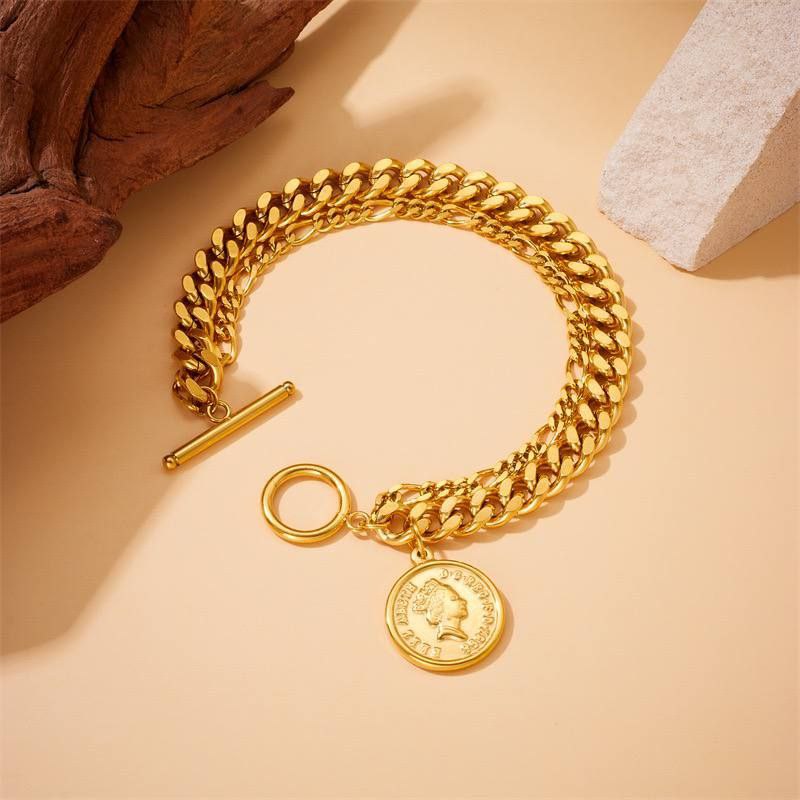 Double Layer Grommet Bracelet Queen Pendant Stainless Steel 316     S1