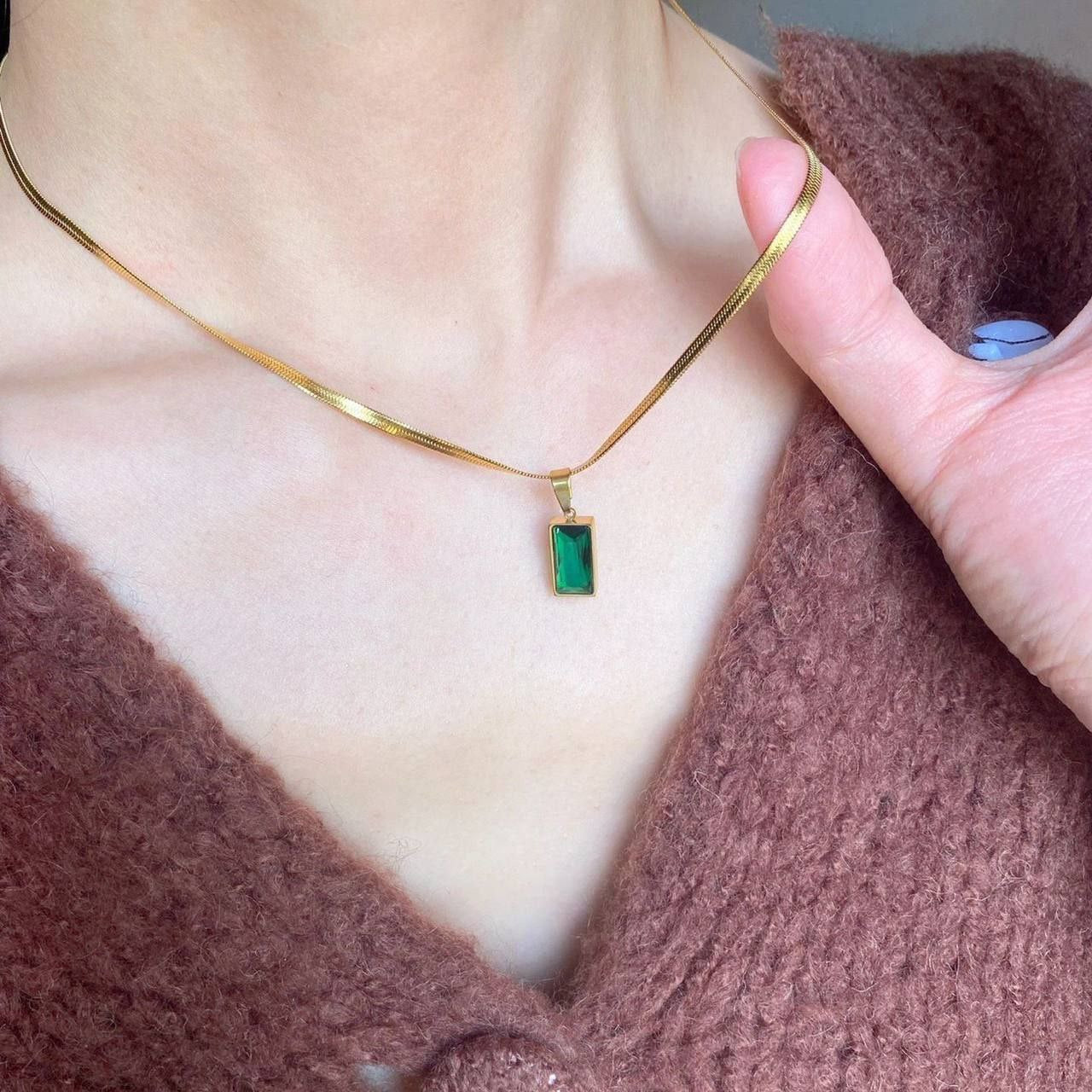 Emerald Stone Chain Necklace Stainless Steel 316 Pure    S1