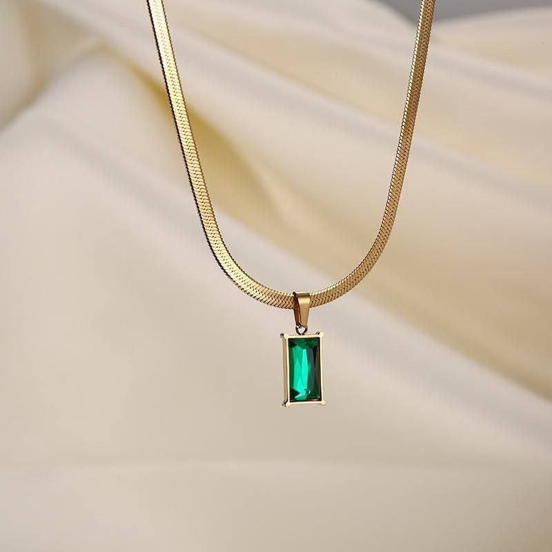 Emerald Stone Chain Necklace Stainless Steel 316 Pure    S1
