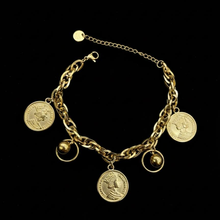 Braided Cord Bracelet with Queen Double-Face Charms – Gold Tone    S1