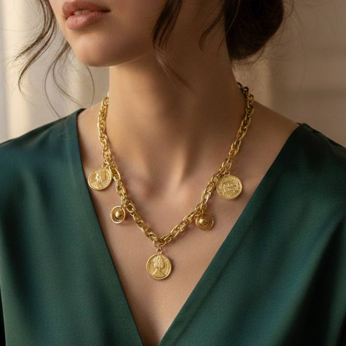 Braided Cord Necklace with Queen Double-Face Charms – Gold Tone    S1
