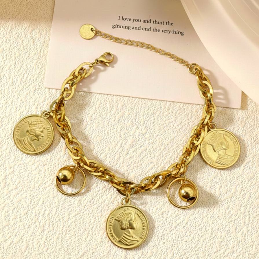 Braided Cord Bracelet with Queen Double-Face Charms – Gold Tone    S1