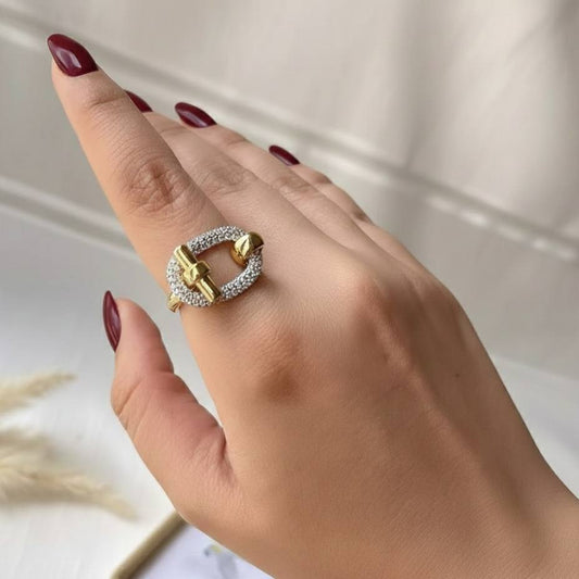 Gold Plated Free Size Ring with Zircon Stones    S1