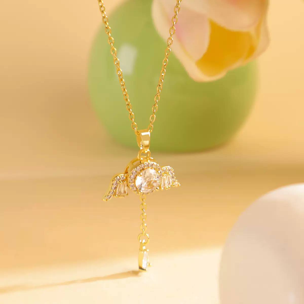 Moving Wing Trend Necklace – Pure 316 Stainless Steel with Chinese Gold Zircon Pendant   S1