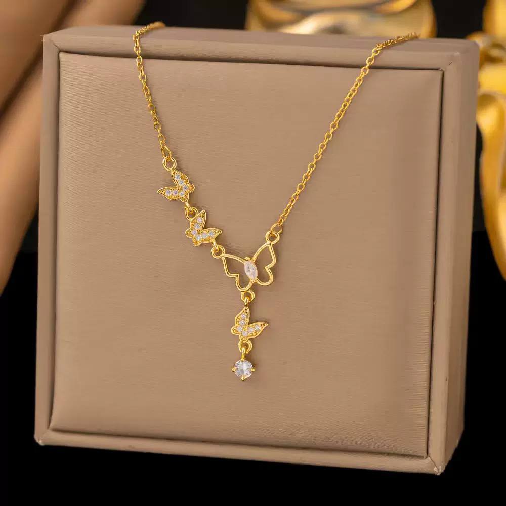 Brush & Moon Necklace – Pure 316 Stainless Steel with Chinese Gold Zircon Pendant  S1