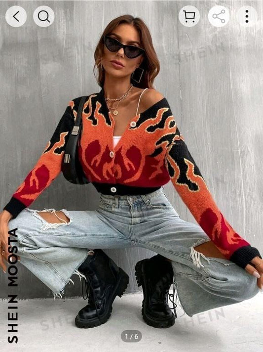 SHEIN MOOSTA Fire Pattern Drop Shoulder Cardigan