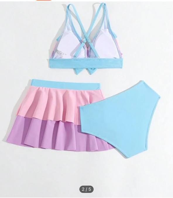 Kids Colorblock Bikini Set with Skirt – Vacation Style