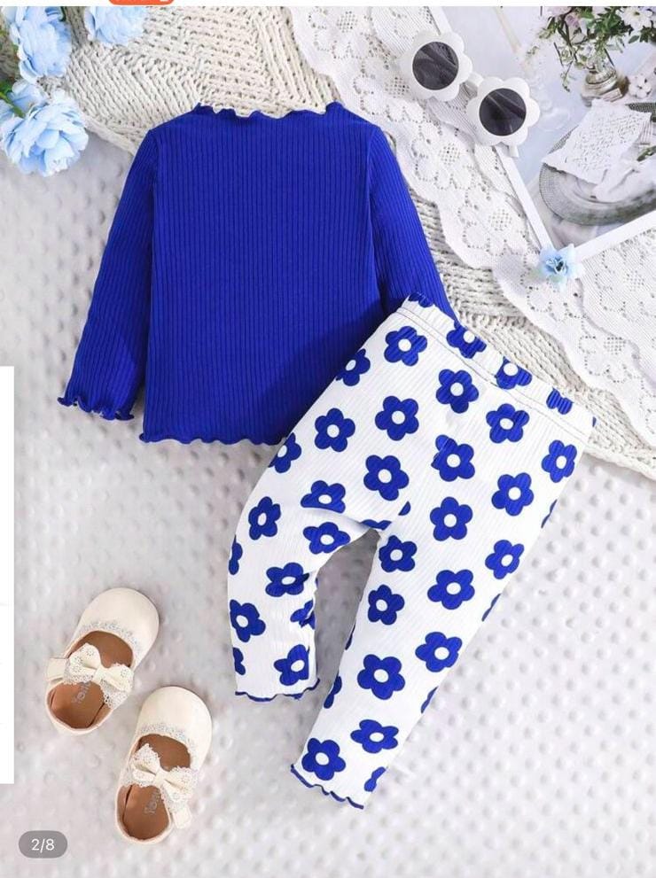 SHEIN Baby Girls’ Floral Print Top & Pants Set – Blue