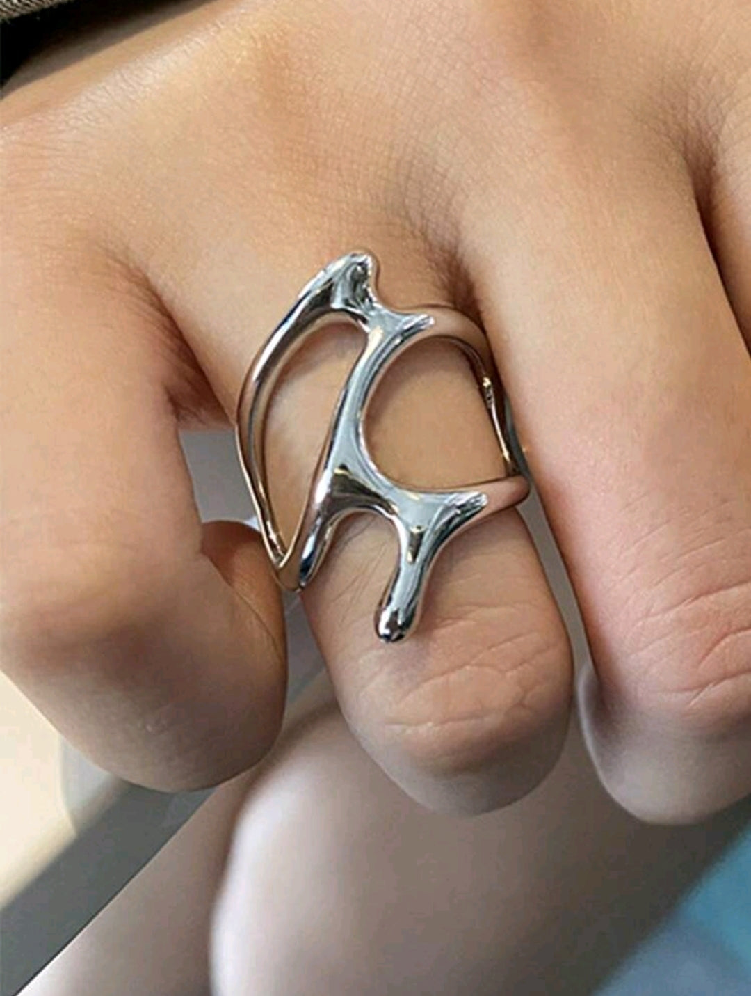 Asymmetrical Liquid Metal Geometric Ring – Single Piece