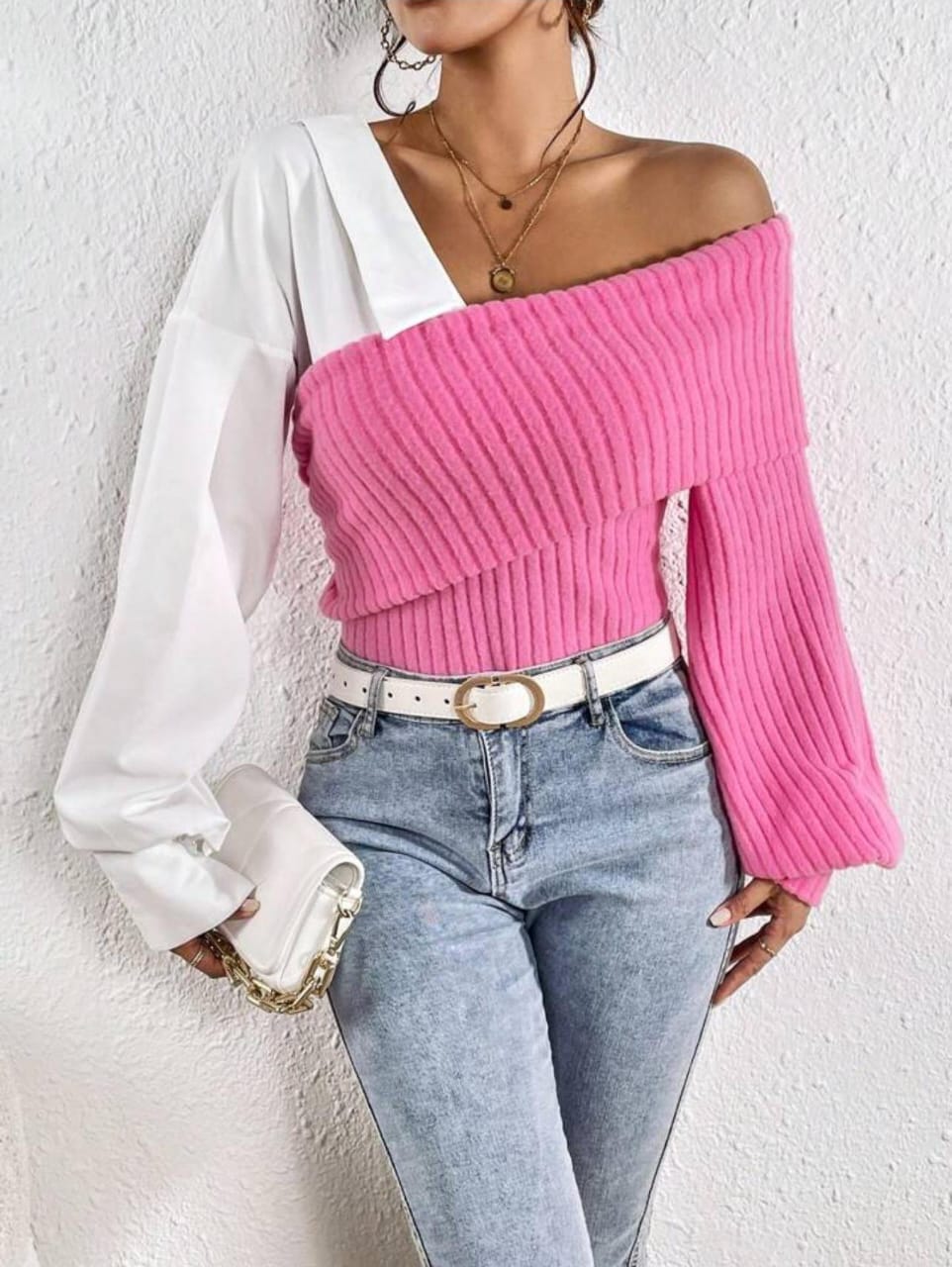 SHEIN Essnce Two Tone Asymmetrical Neck Lantern Sleeve Crop Top