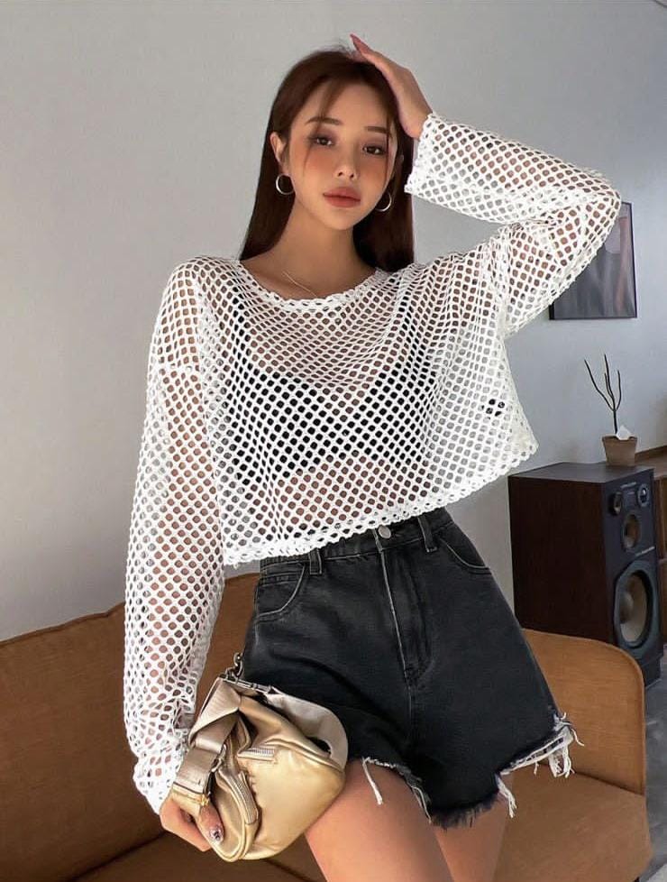 DAZY Hollow Out Drop Shoulder Crop Top Without Bra