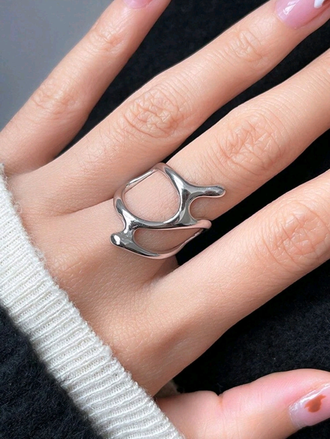 Asymmetrical Liquid Metal Geometric Ring – Single Piece