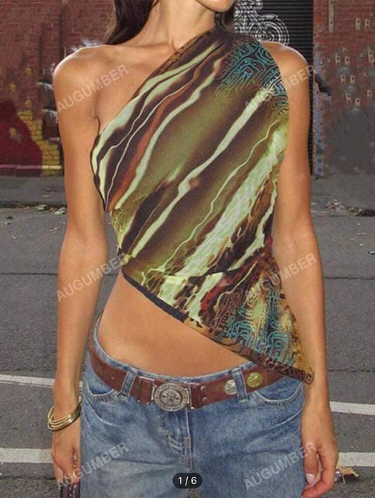Fashion Trends One Shoulder Asymmetrical Hem Pattern Print Top