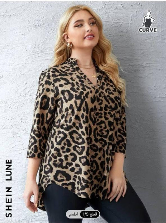 Plus Size Leopard Print Blouse with Ruffled Collar