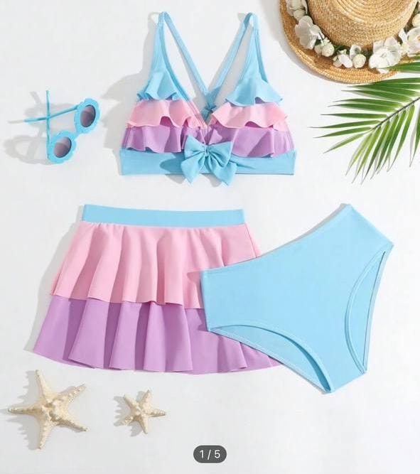 Kids Colorblock Bikini Set with Skirt – Vacation Style