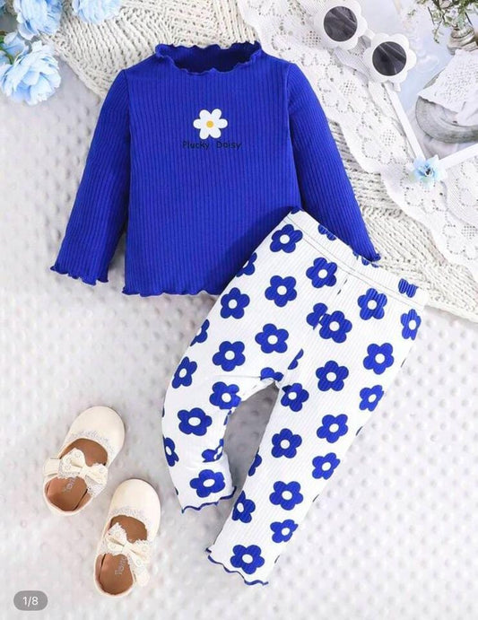 SHEIN Baby Girls’ Floral Print Top & Pants Set – Blue