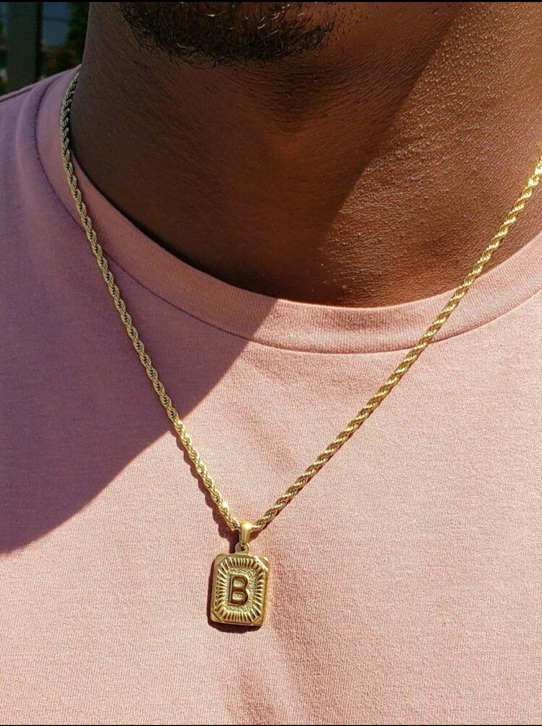 Men's Square Initial Pendant Necklace with Gold Rope Chain – Stainless Steel (K) yAlphabet Jewelry